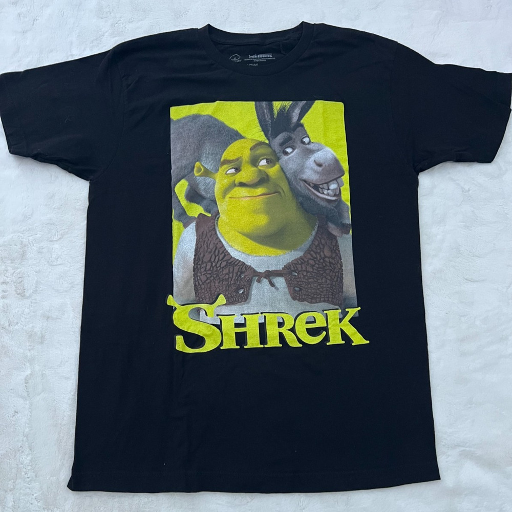 Shrek DreamWorks Mens Large Black Graphic T Shirt Donkey Movie Tee Adult Cotton